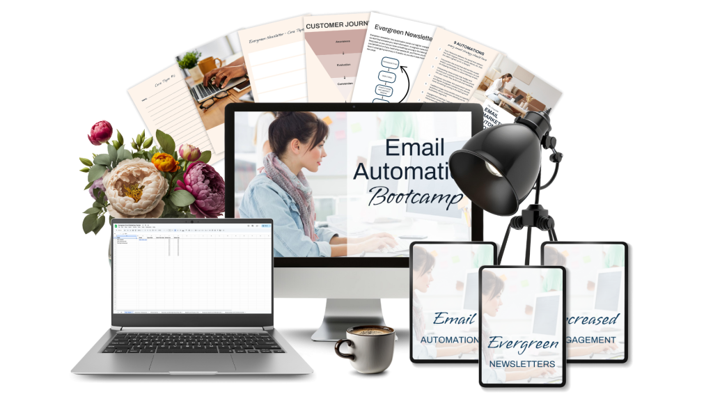 A collage showing a laptop, a desktop monitor displaying "Email Automation Bootcamp," a lamp, and various printed materials.