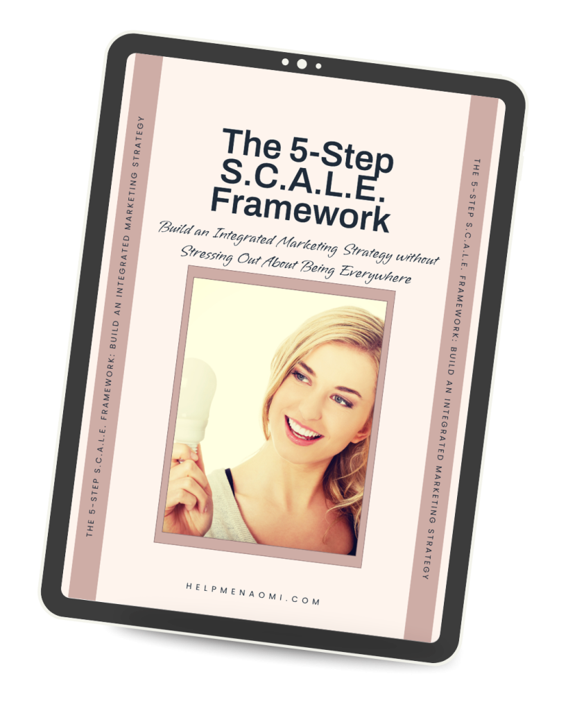 Cover of "The 5-Step S.C.A.L.E. Framework" showing a smiling woman holding a lightbulb, with a focus on integrated marketing strategies.