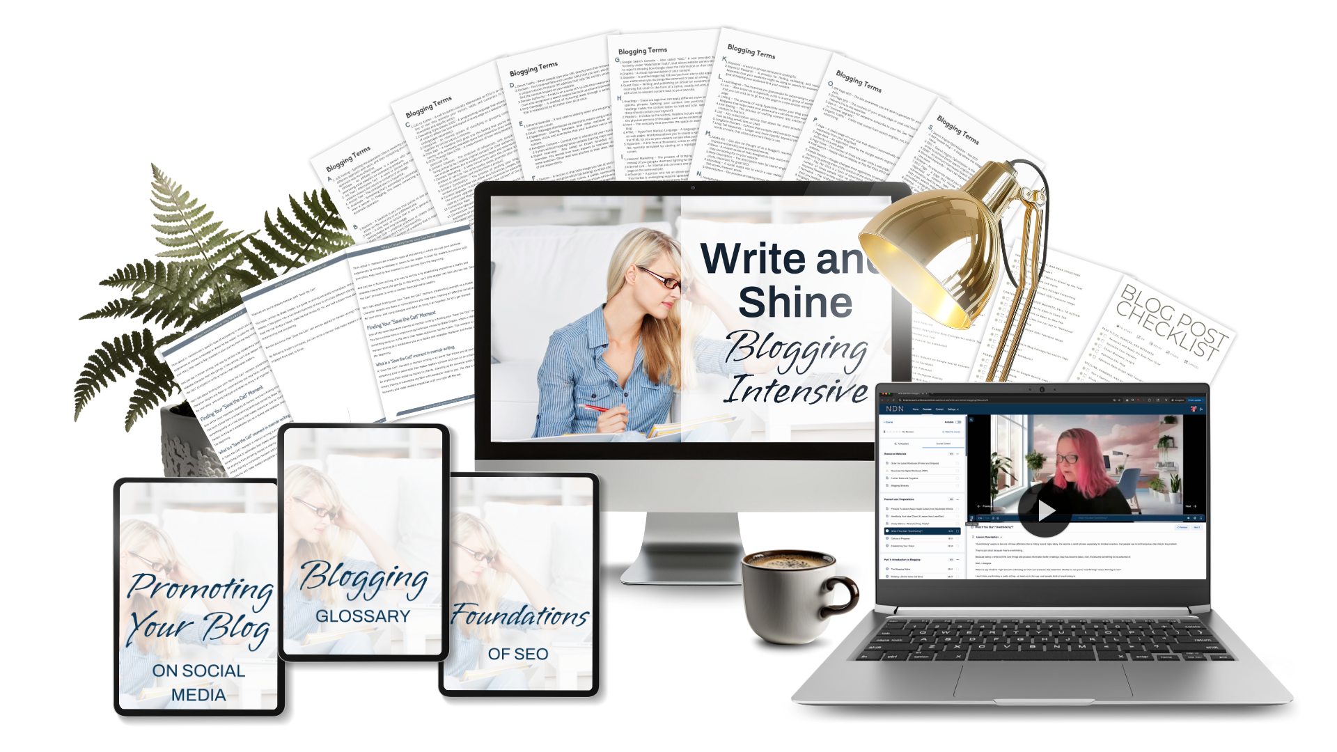 Illustration of an open book on a computer screen with the text "Write and Shine Blogging Cohort" below, highlighting the opportunity for aspiring writers to become a Founding Member.