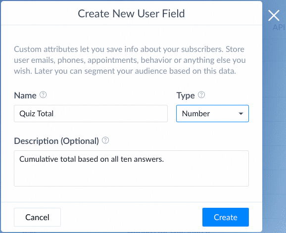 Screenshot ManyChat Create Number field for test